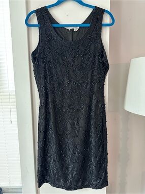 Vintage Heavy Beaded Black Shift Dress Scoop Neck Sleeveless Sz L